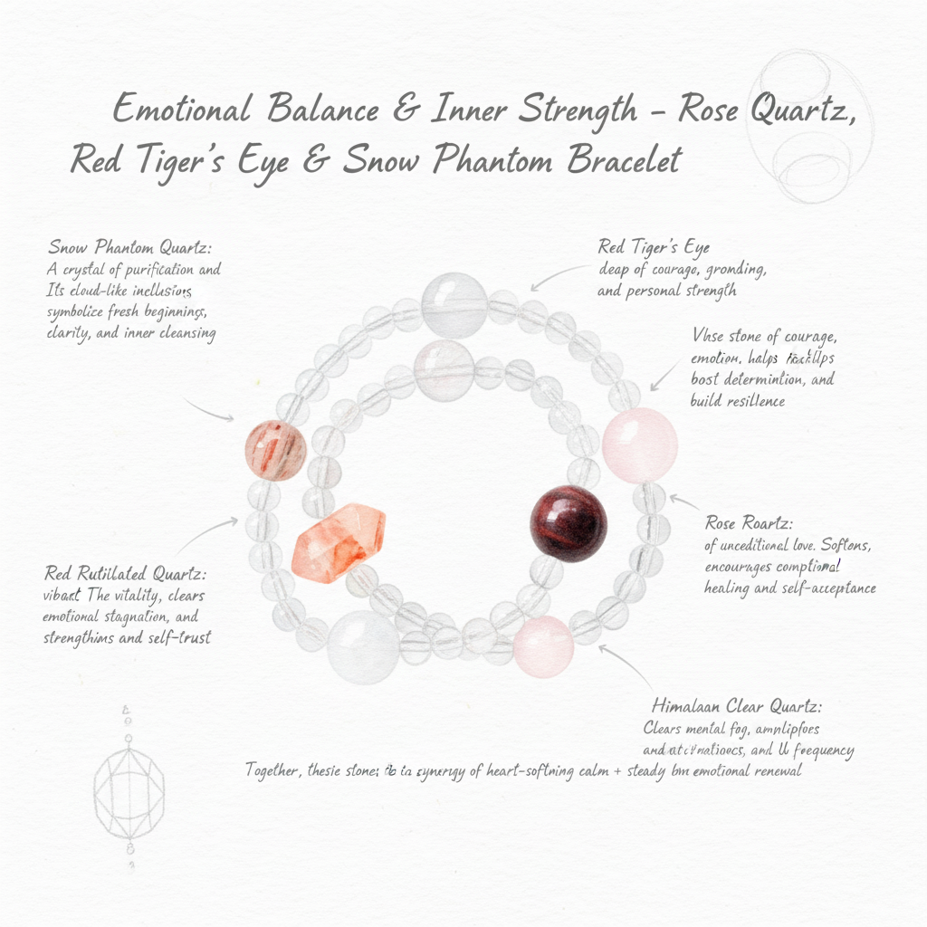 Emotional Balance & Inner Strength – Rose Quartz, Red Tiger’s Eye & Snow Phantom Quartz Bracelet