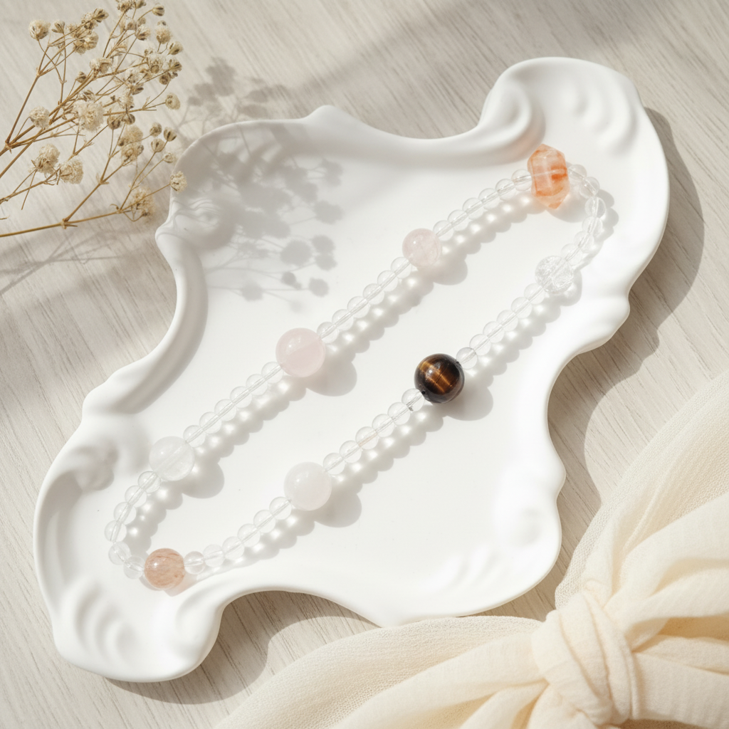 Emotional Balance & Inner Strength – Rose Quartz, Red Tiger’s Eye & Snow Phantom Quartz Bracelet