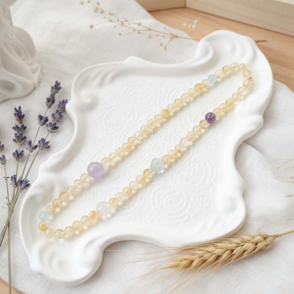 Radiance & Serenity – Golden Rutilated Quartz, Aquamarine & Amethyst Bracelet