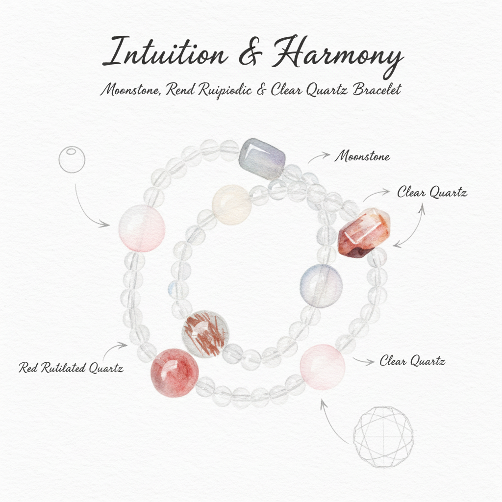 Intuition & Harmony – Moonstone, Red Rutilated Quartz, Lepidolite & Clear Quartz Bracelet
