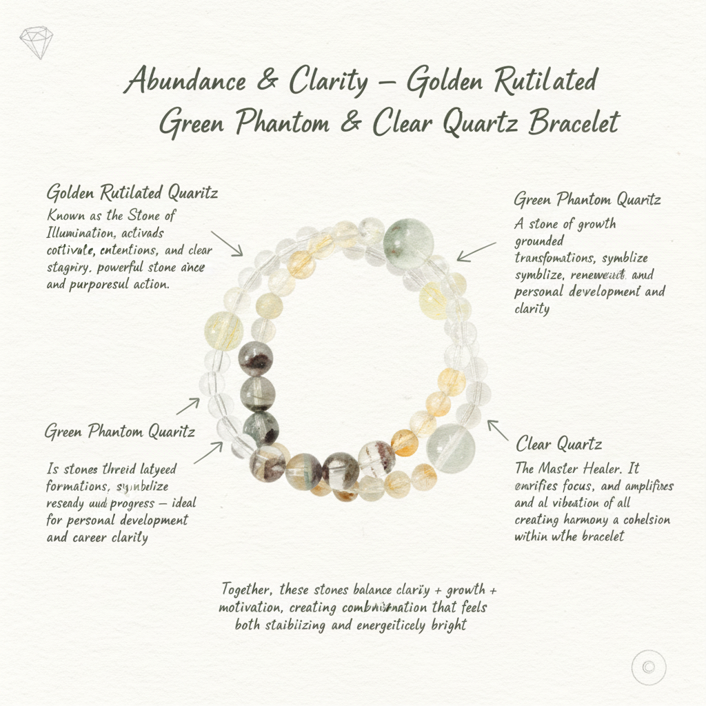 Abundance & Clarity – Golden Rutilated Quartz, Green Phantom & Clear Quartz Bracelet