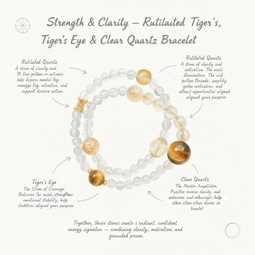 Strength & Clarity – Rutilated Quartz, Tiger’s Eye & Clear Quartz Bracelet