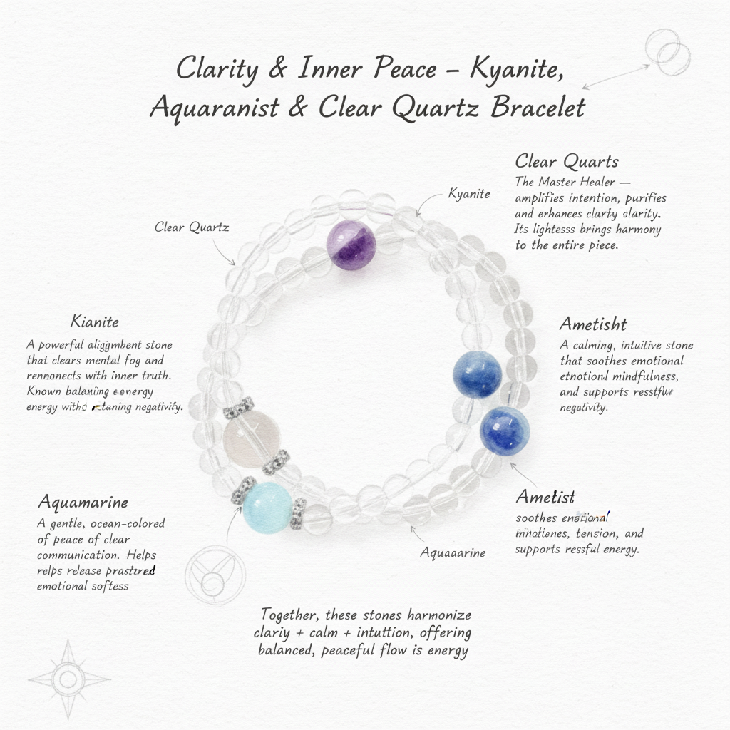Clarity & Inner Peace – Kyanite, Aquamarine, Amethyst & Clear Quartz Bracelet