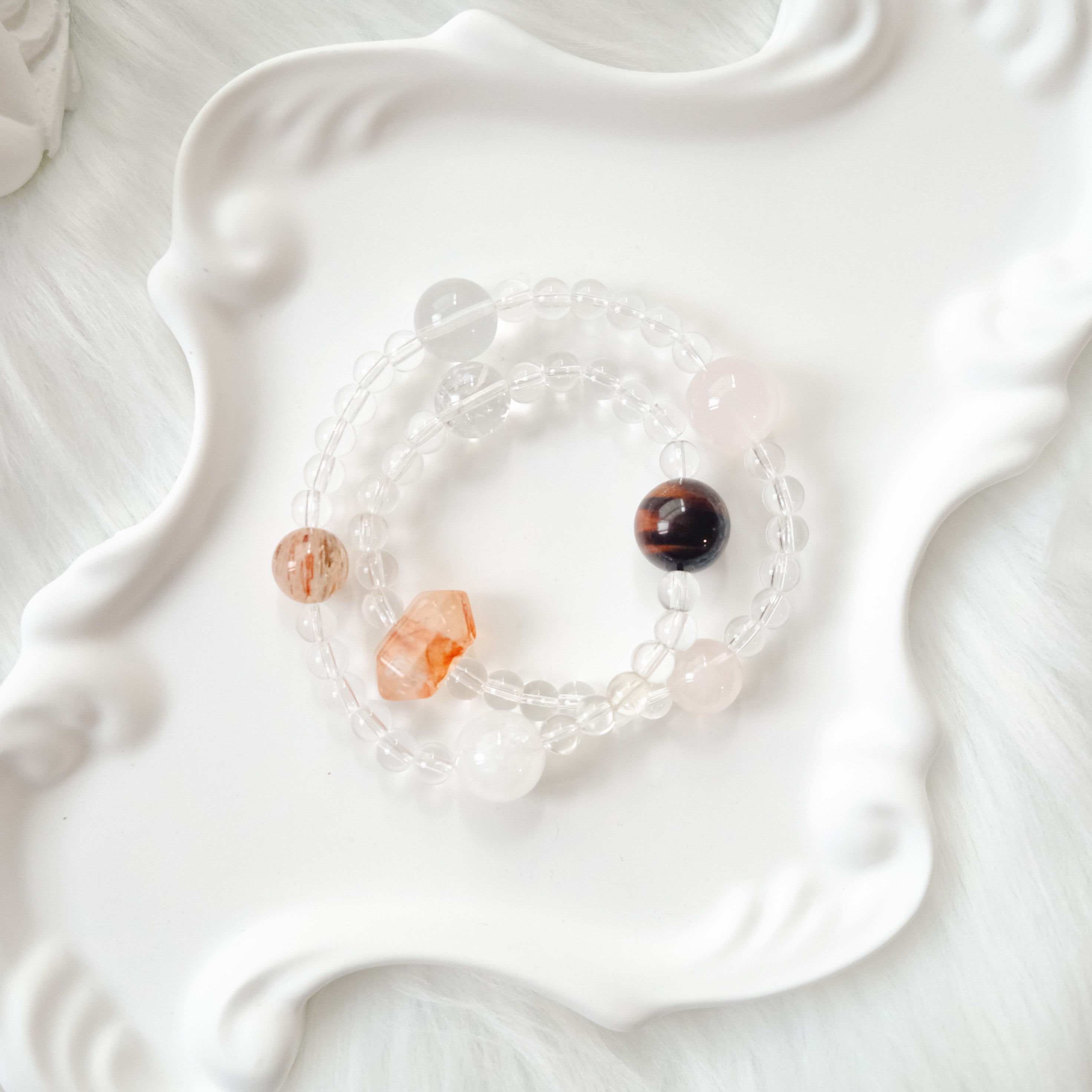 Emotional Balance & Inner Strength – Rose Quartz, Red Tiger’s Eye & Snow Phantom Quartz Bracelet