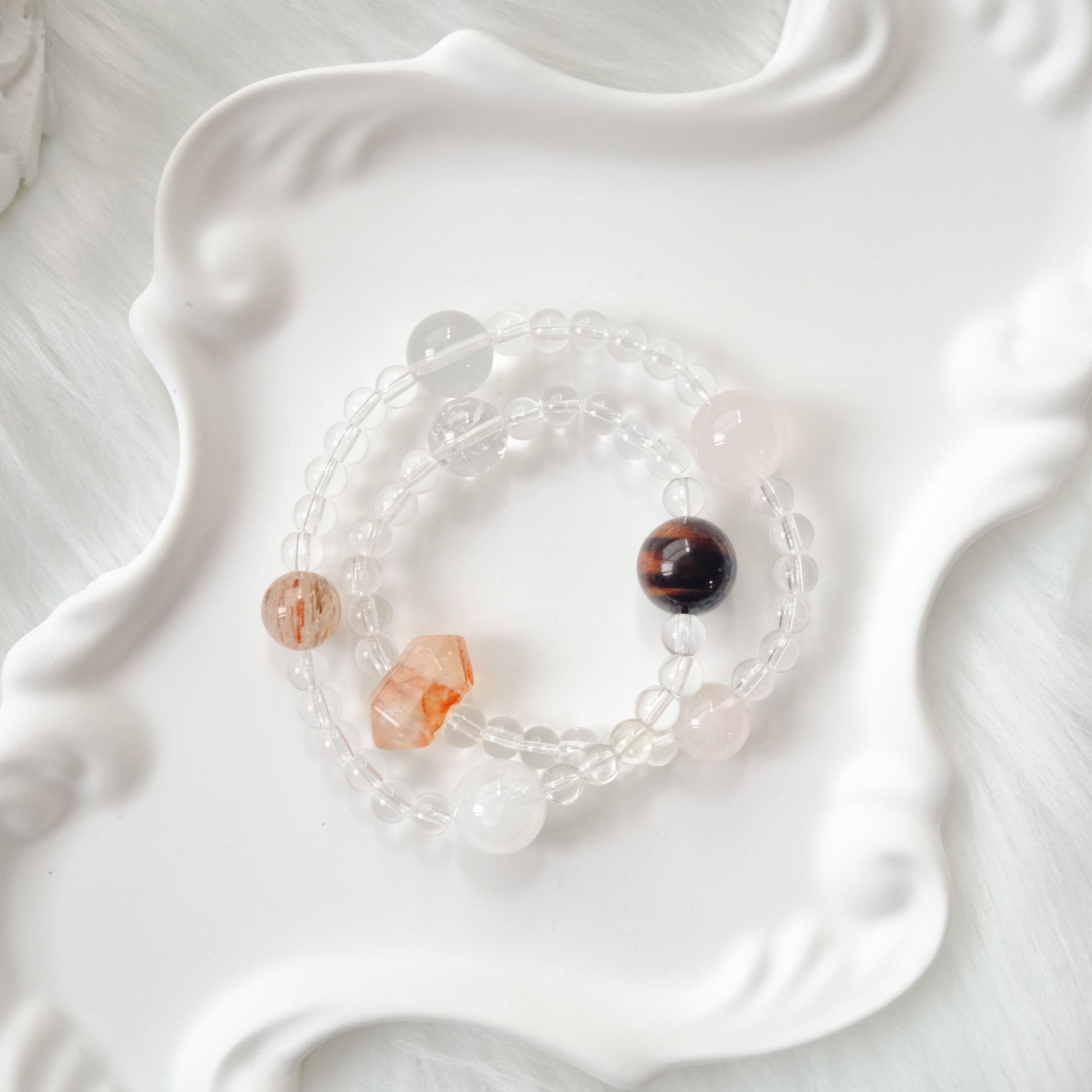 Emotional Balance & Inner Strength – Rose Quartz, Red Tiger’s Eye & Snow Phantom Quartz Bracelet