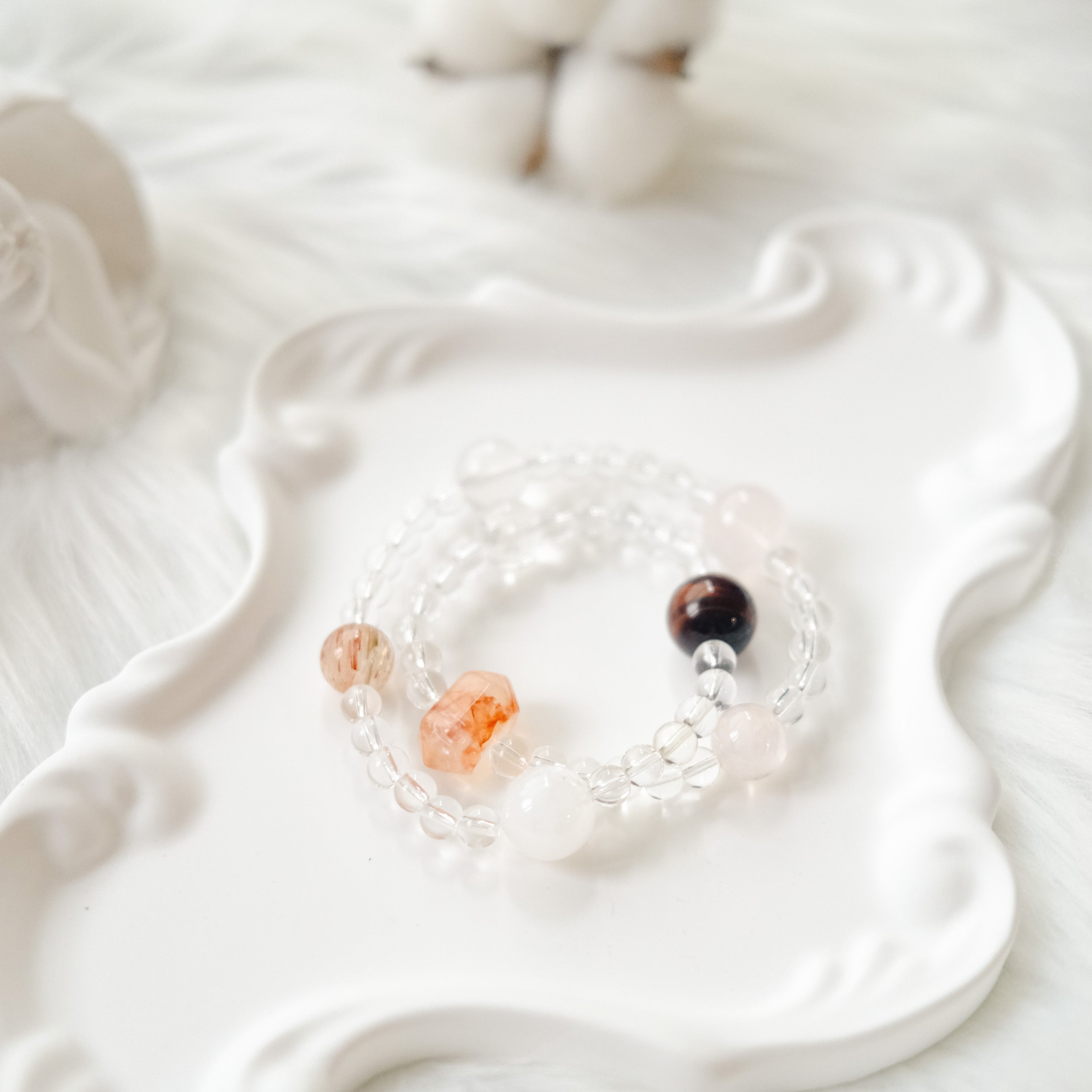 Emotional Balance & Inner Strength – Rose Quartz, Red Tiger’s Eye & Snow Phantom Quartz Bracelet