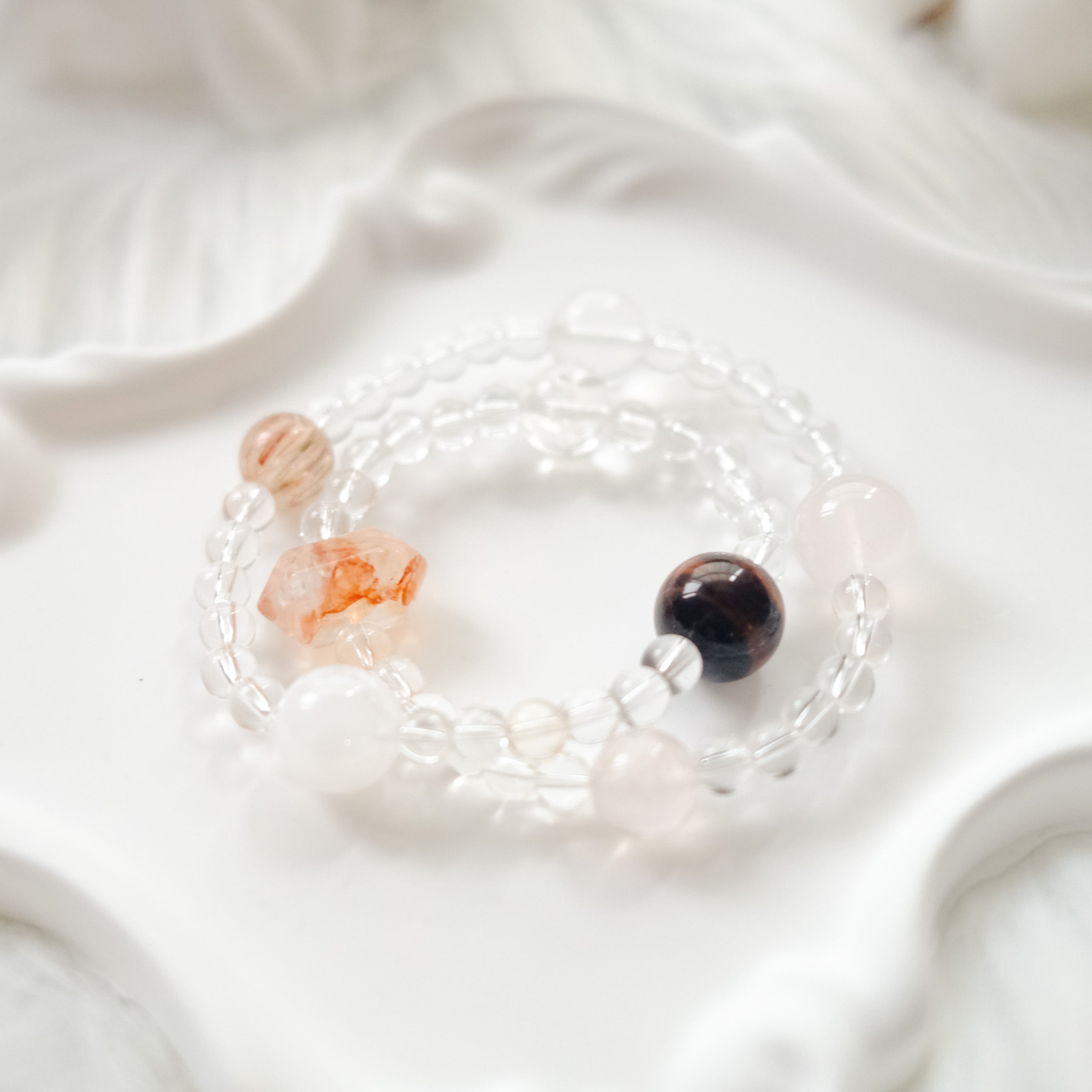 Emotional Balance & Inner Strength – Rose Quartz, Red Tiger’s Eye & Snow Phantom Quartz Bracelet