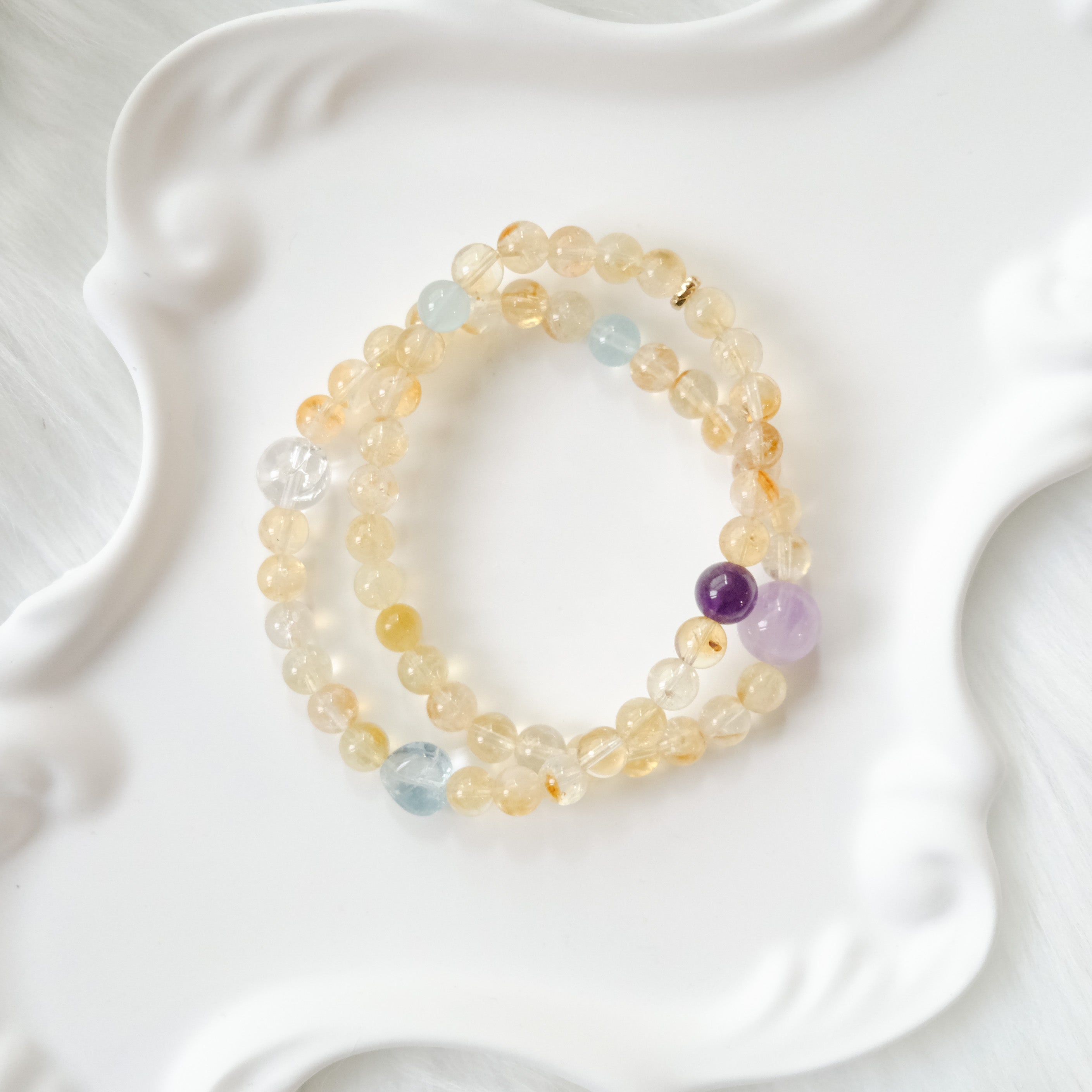Radiance & Serenity – Golden Rutilated Quartz, Aquamarine & Amethyst Bracelet