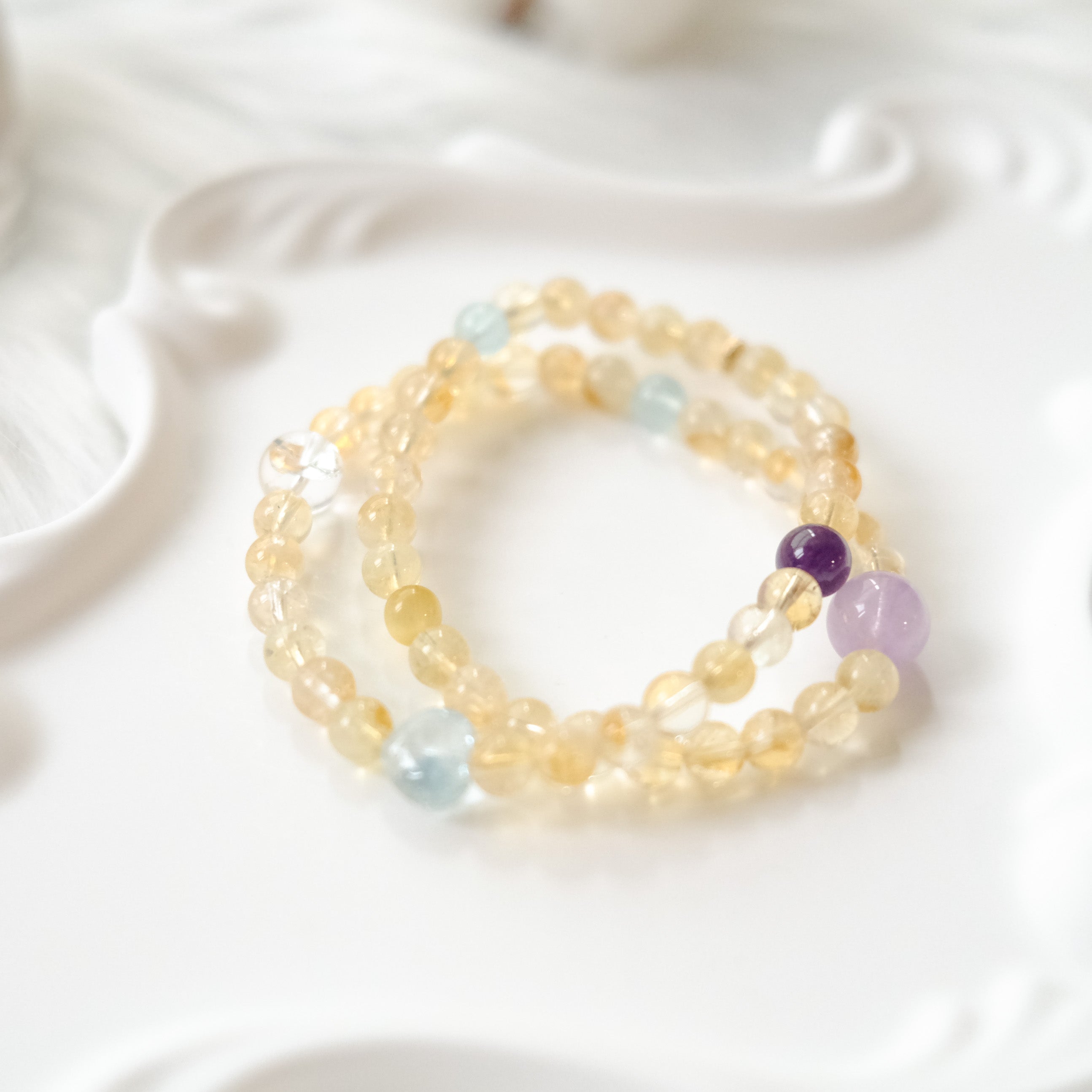 Radiance & Serenity – Golden Rutilated Quartz, Aquamarine & Amethyst Bracelet