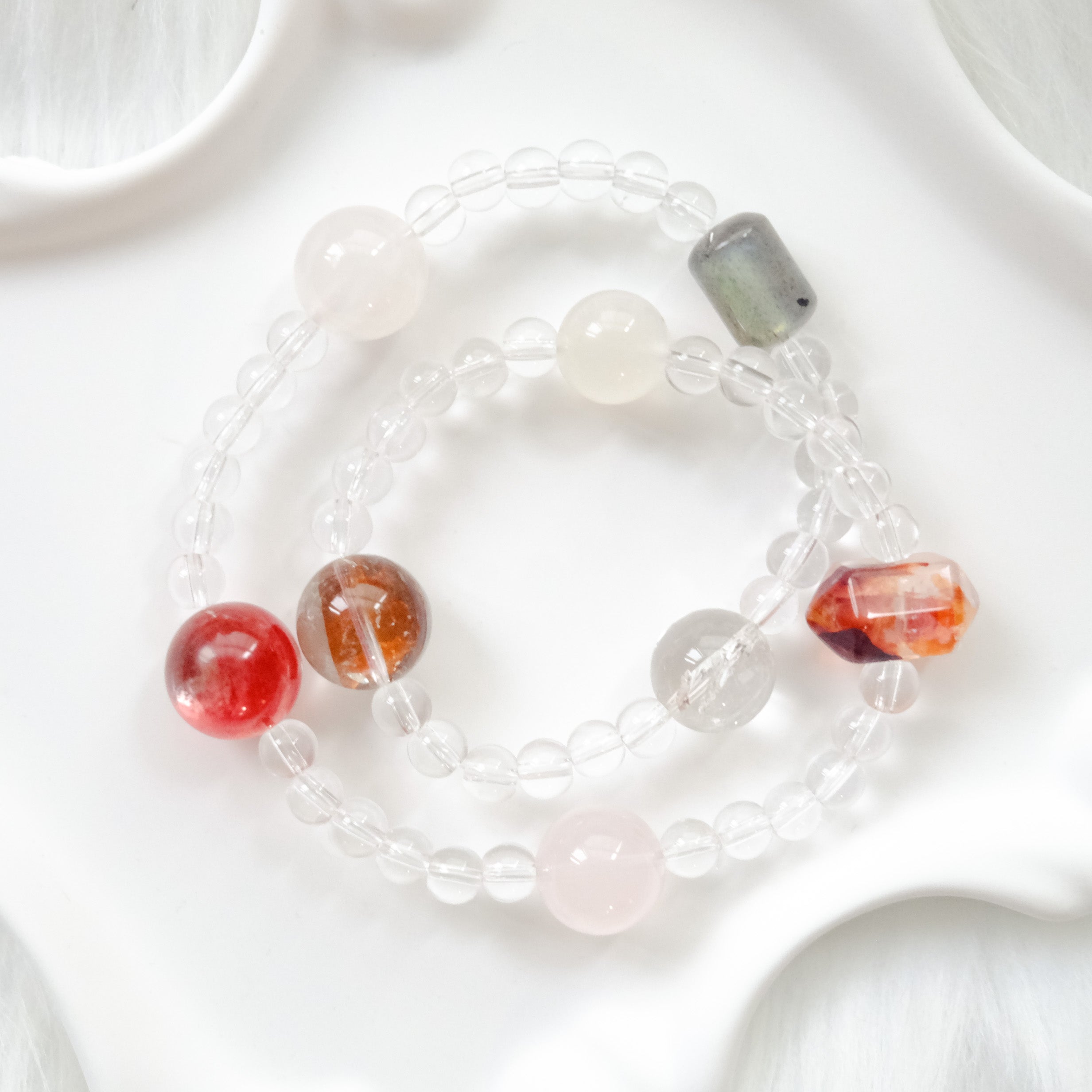 Intuition & Harmony – Moonstone, Red Rutilated Quartz, Lepidolite & Clear Quartz Bracelet
