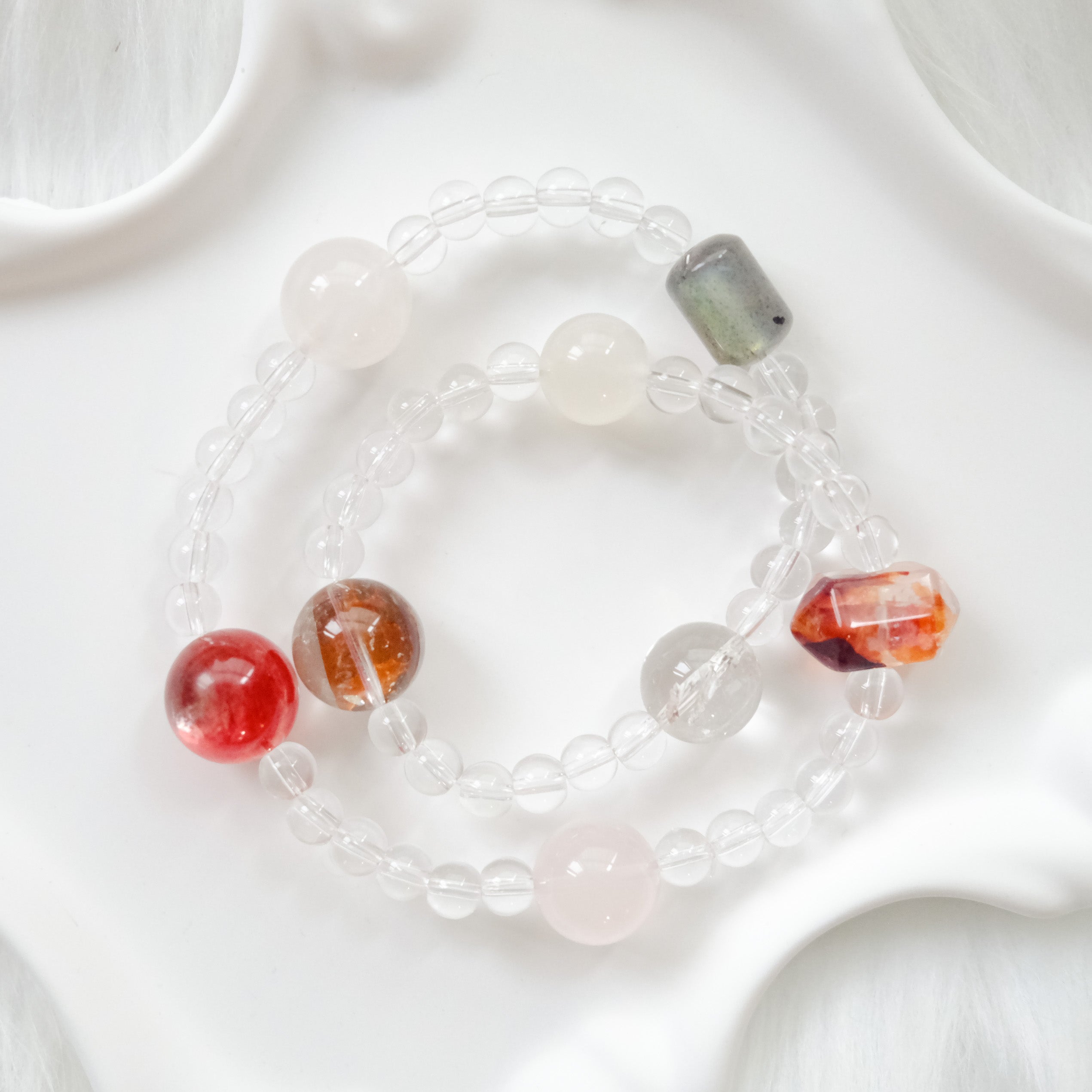 Intuition & Harmony – Moonstone, Red Rutilated Quartz, Lepidolite & Clear Quartz Bracelet