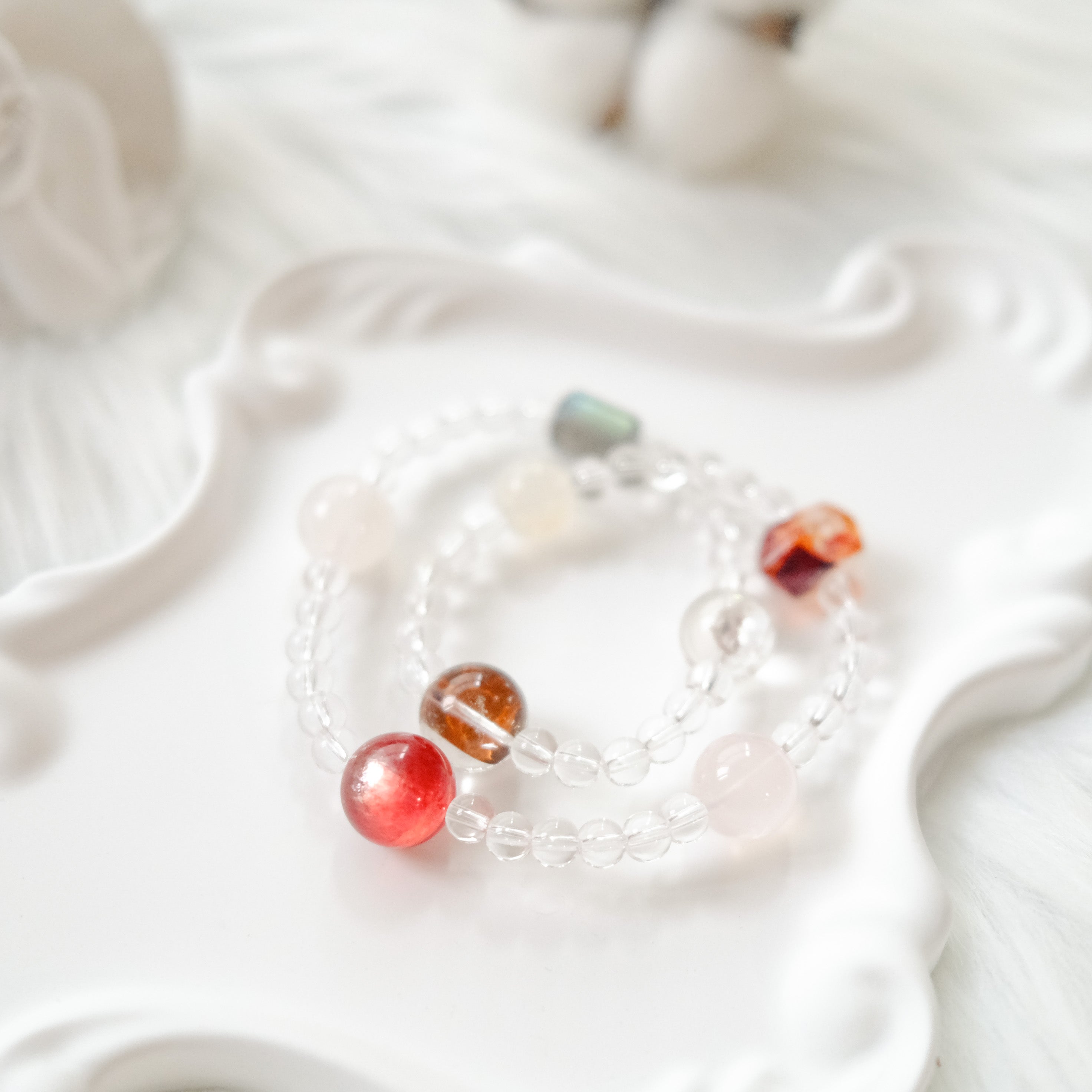 Intuition & Harmony – Moonstone, Red Rutilated Quartz, Lepidolite & Clear Quartz Bracelet