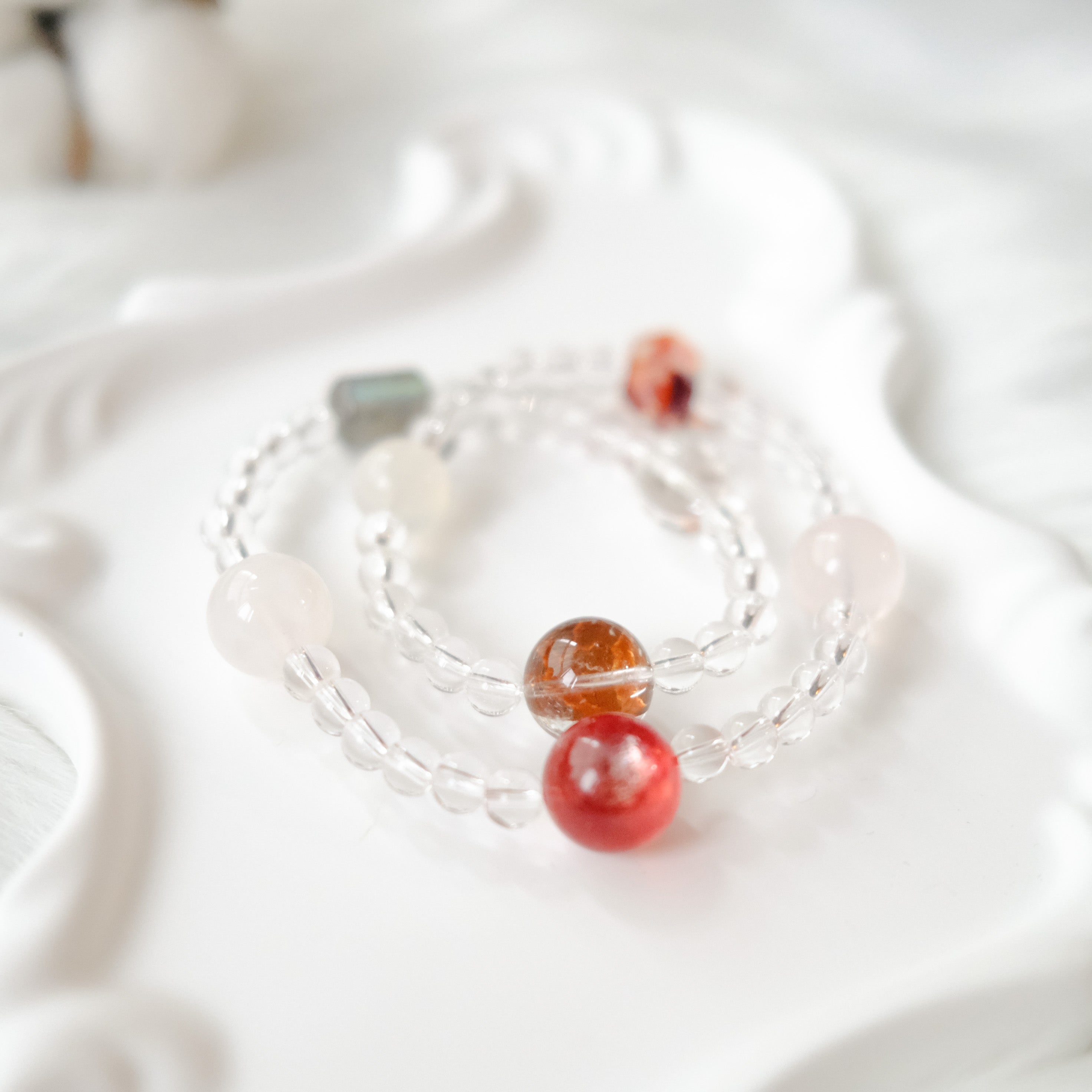 Intuition & Harmony – Moonstone, Red Rutilated Quartz, Lepidolite & Clear Quartz Bracelet