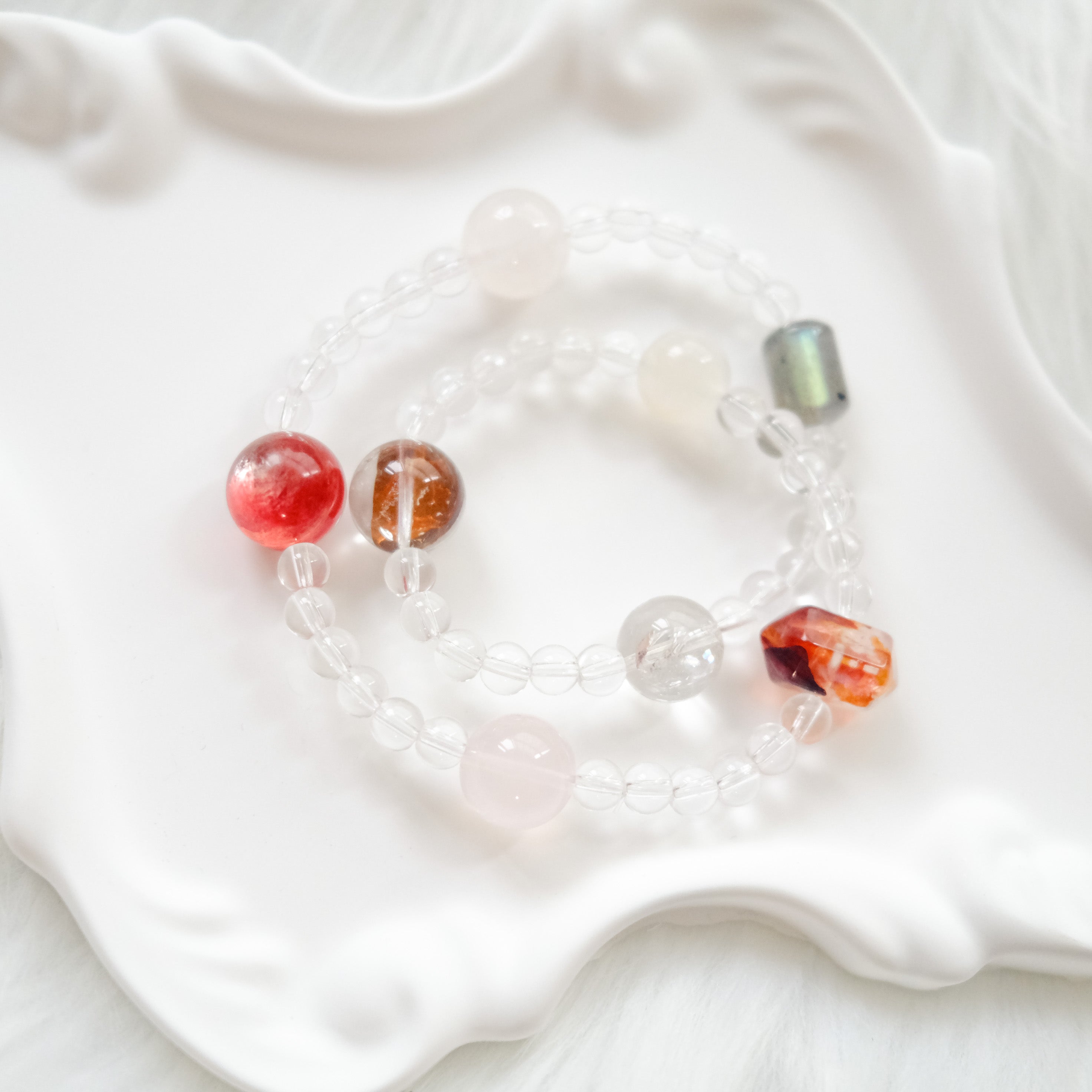 Intuition & Harmony – Moonstone, Red Rutilated Quartz, Lepidolite & Clear Quartz Bracelet