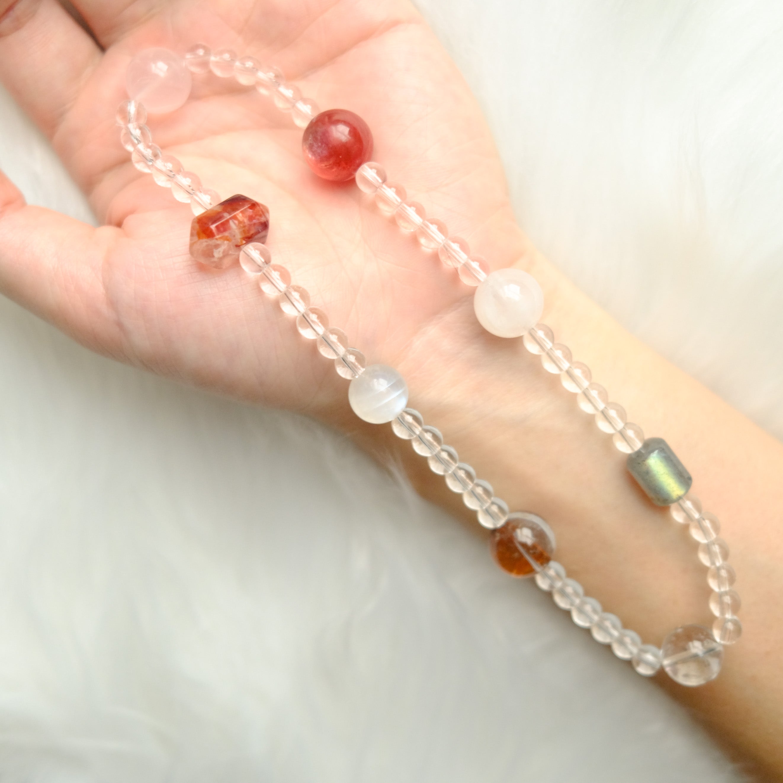 Intuition & Harmony – Moonstone, Red Rutilated Quartz, Lepidolite & Clear Quartz Bracelet