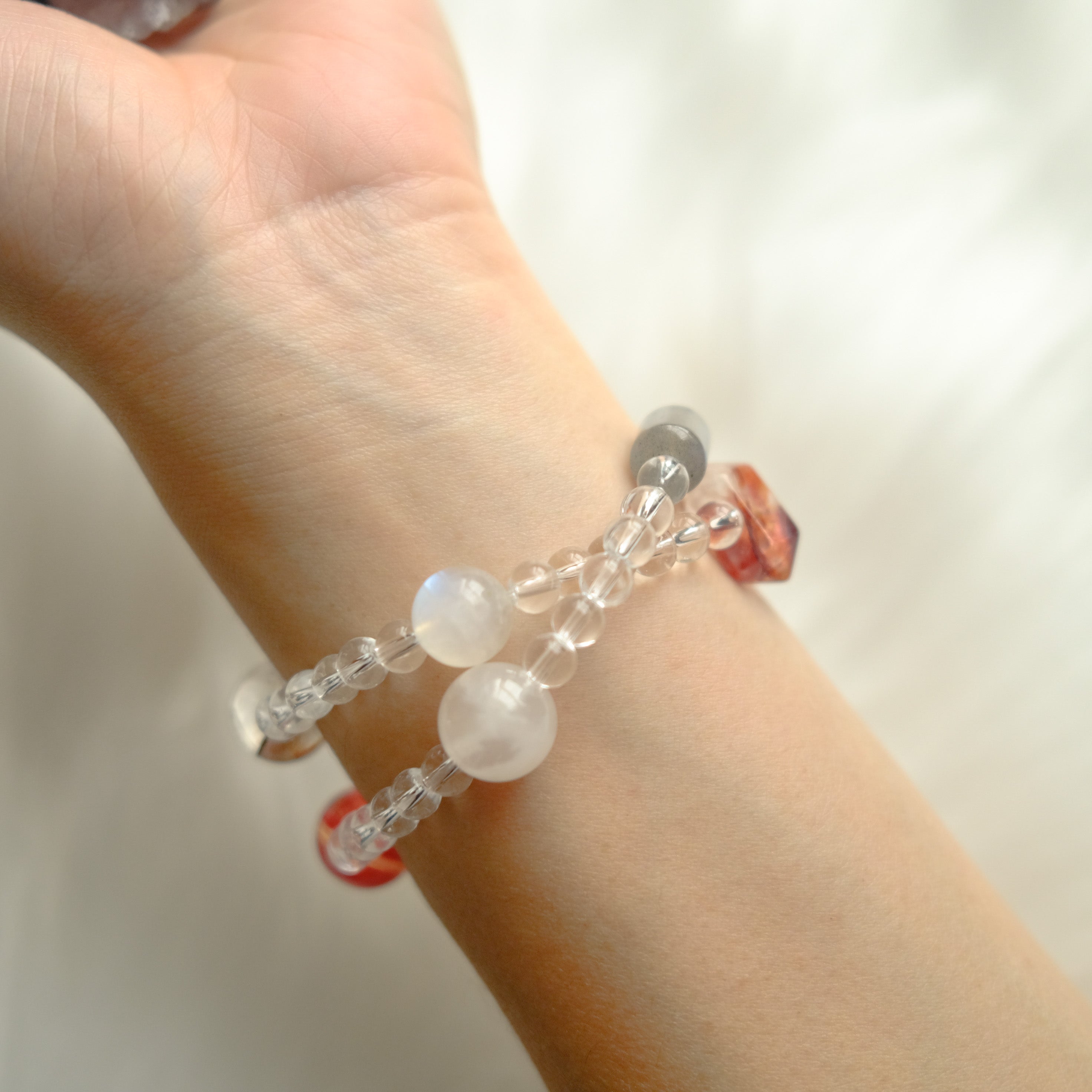 Intuition & Harmony – Moonstone, Red Rutilated Quartz, Lepidolite & Clear Quartz Bracelet
