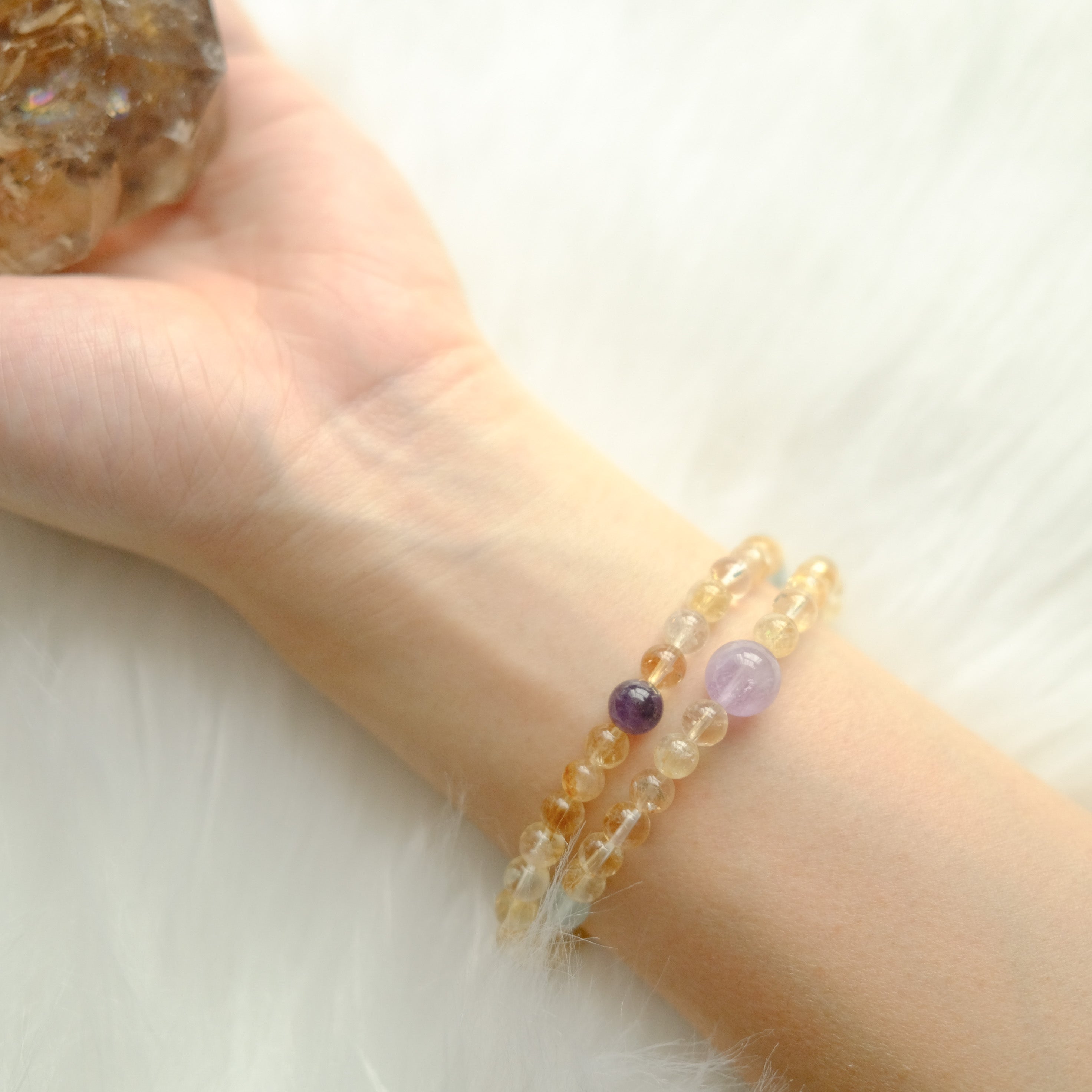 Radiance & Serenity – Golden Rutilated Quartz, Aquamarine & Amethyst Bracelet