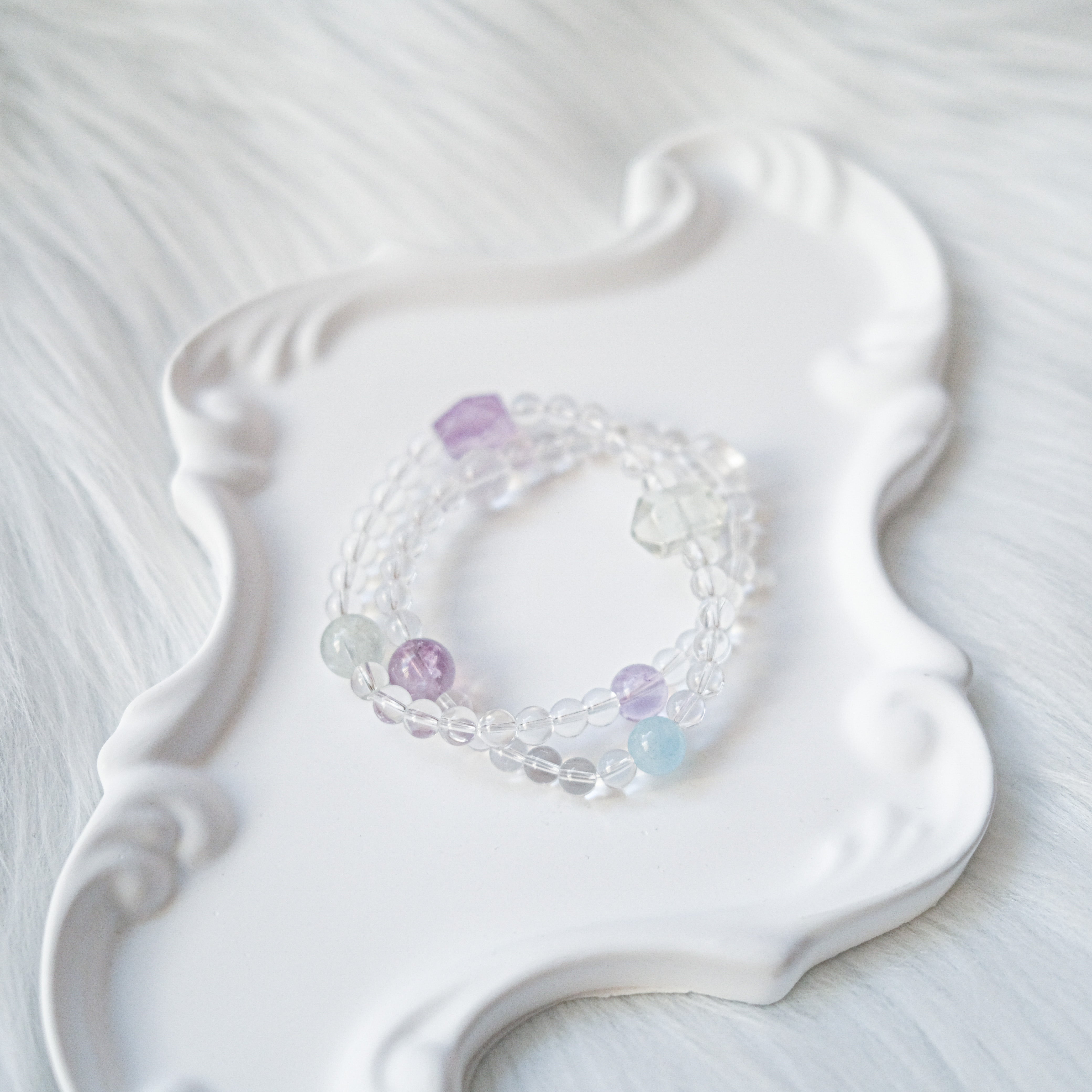 Clarity & Emotional Balance – Amethyst, Green Quartz & Aquamarine Bracelet