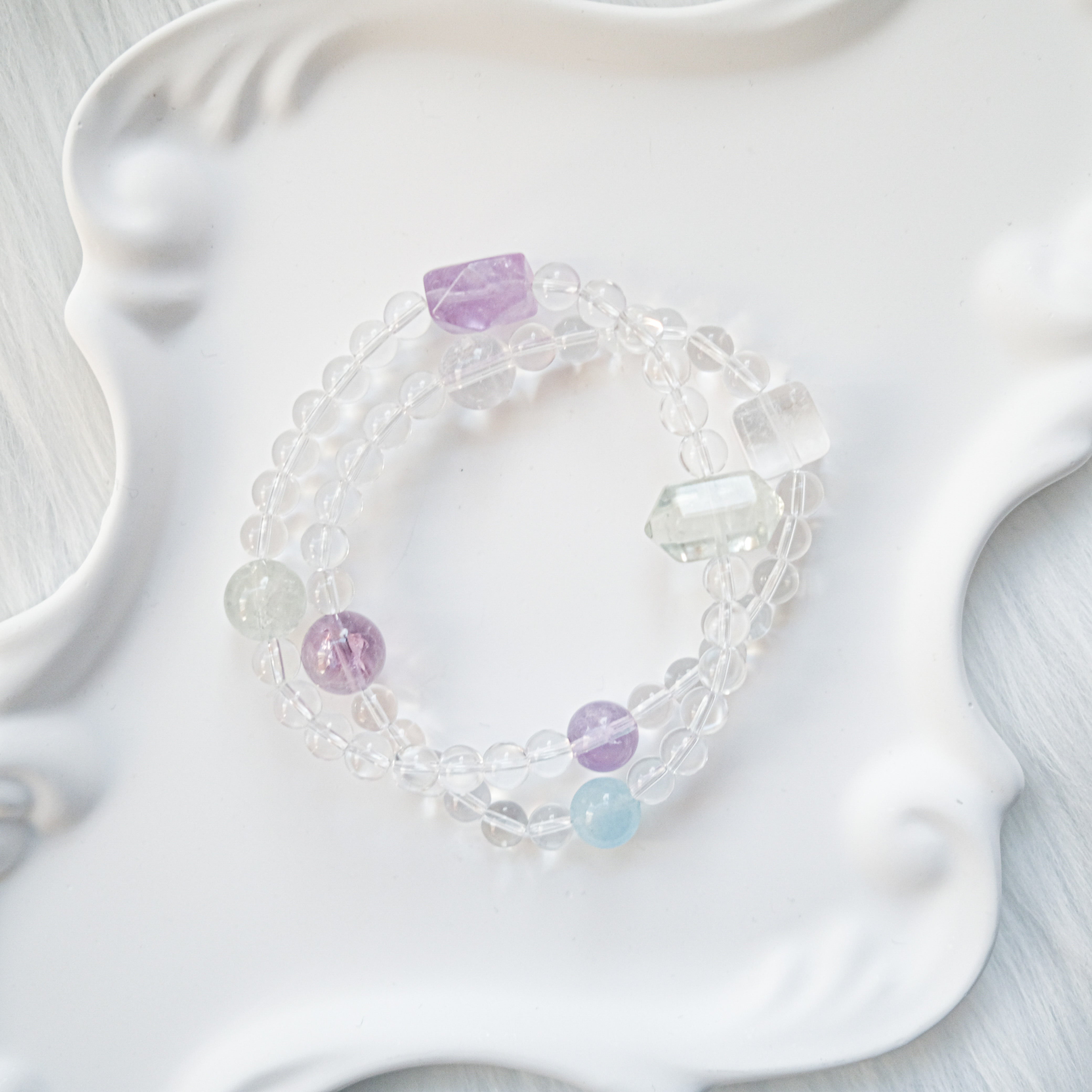 Clarity & Emotional Balance – Amethyst, Green Quartz & Aquamarine Bracelet