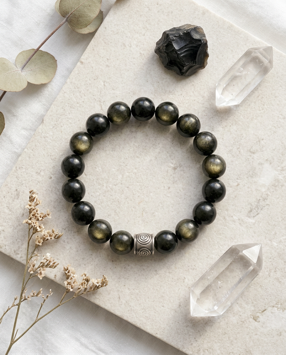 Spiral Ground 12mm Obsidian & Tiger's Eye Bracelet | Grounding & Daily Balance | Harmysoul