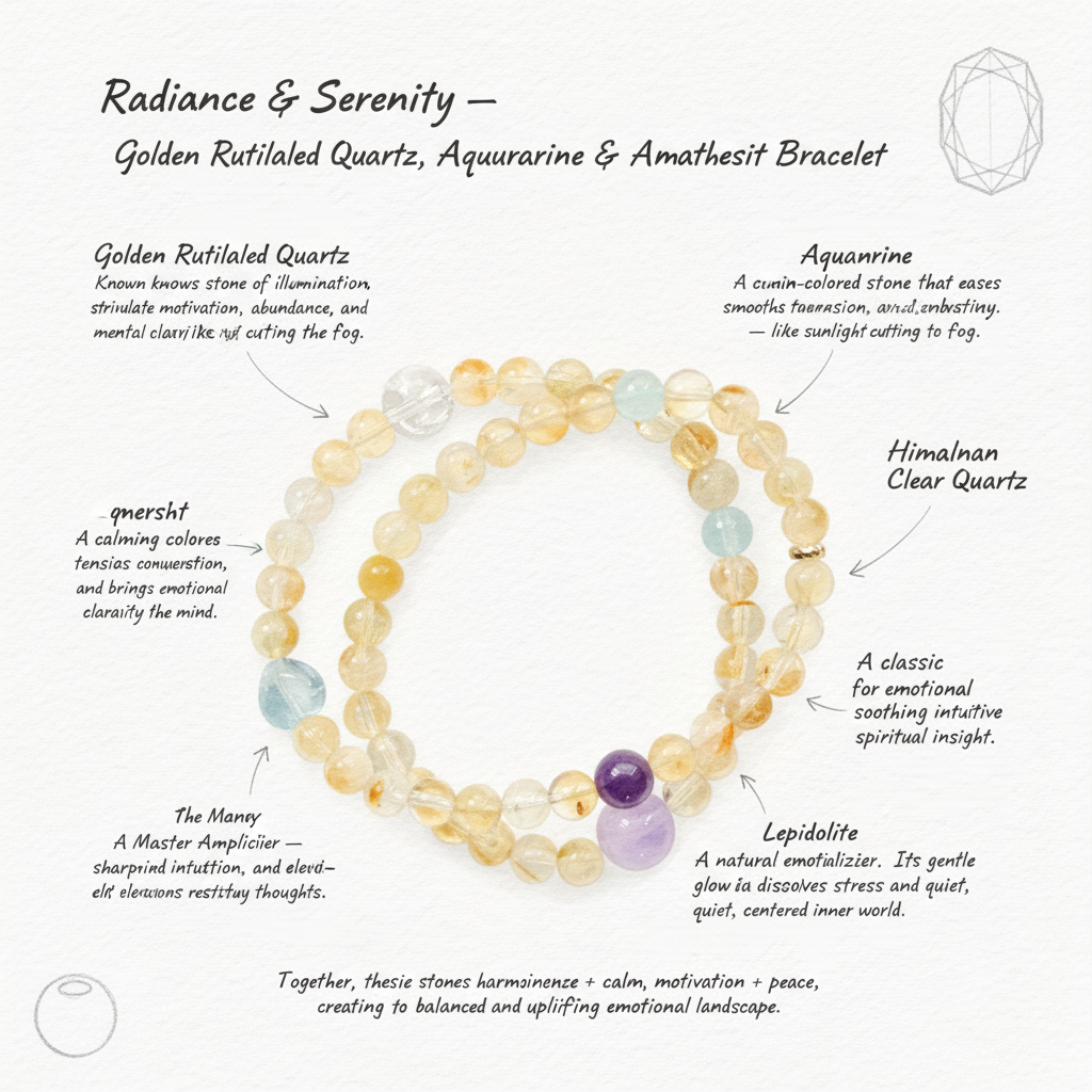 Radiance & Serenity – Golden Rutilated Quartz, Aquamarine & Amethyst Bracelet