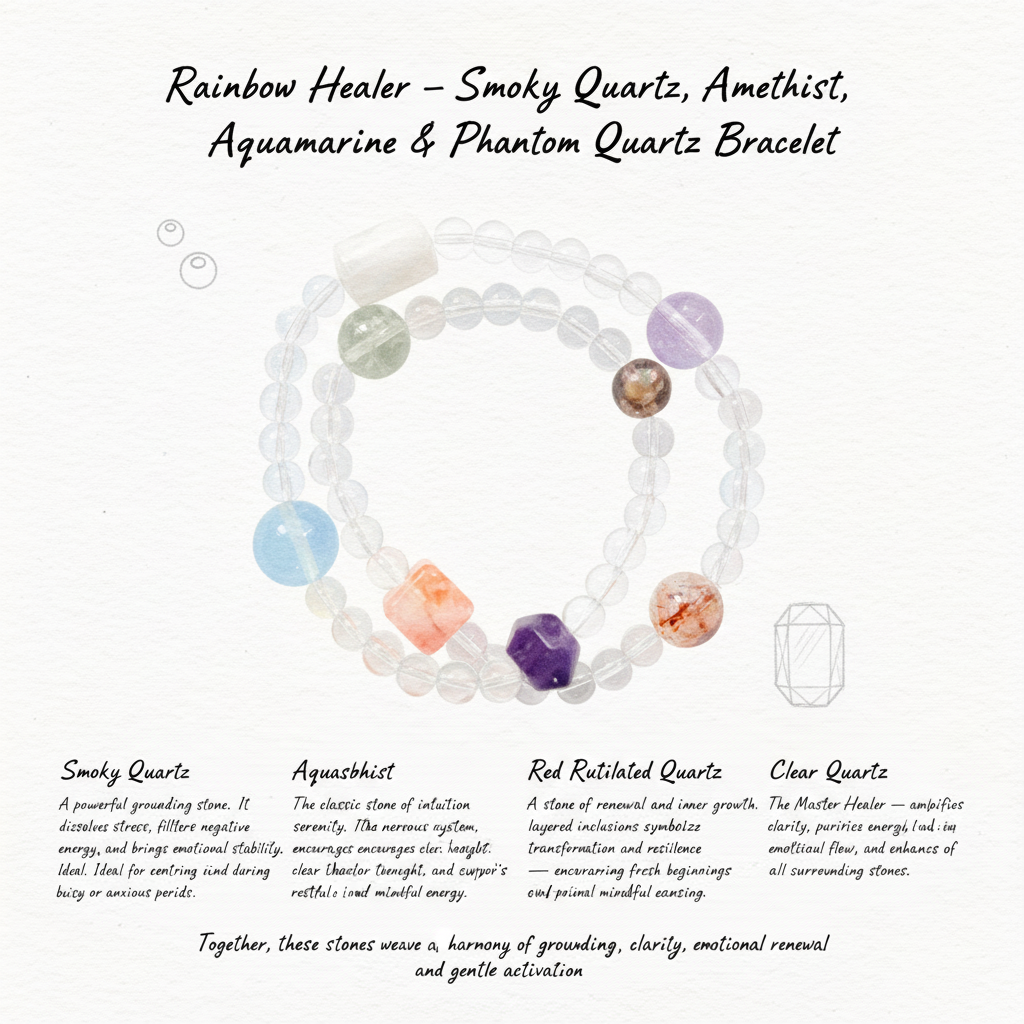 Rainbow Healer – Smoky Quartz, Amethyst, Aquamarine & Phantom Quartz Bracelet