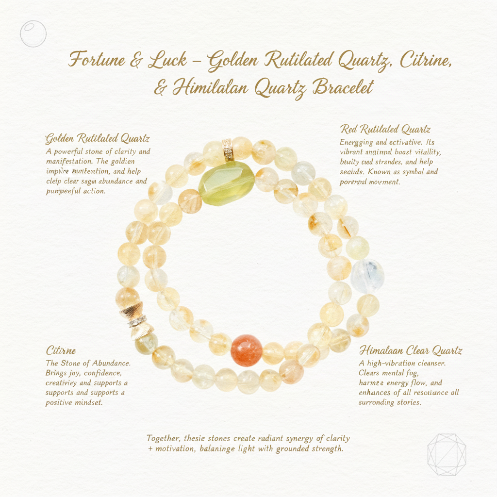 Fortune & Luck – Golden Rutilated Quartz, Citrine & Himalayan Quartz Bracelet