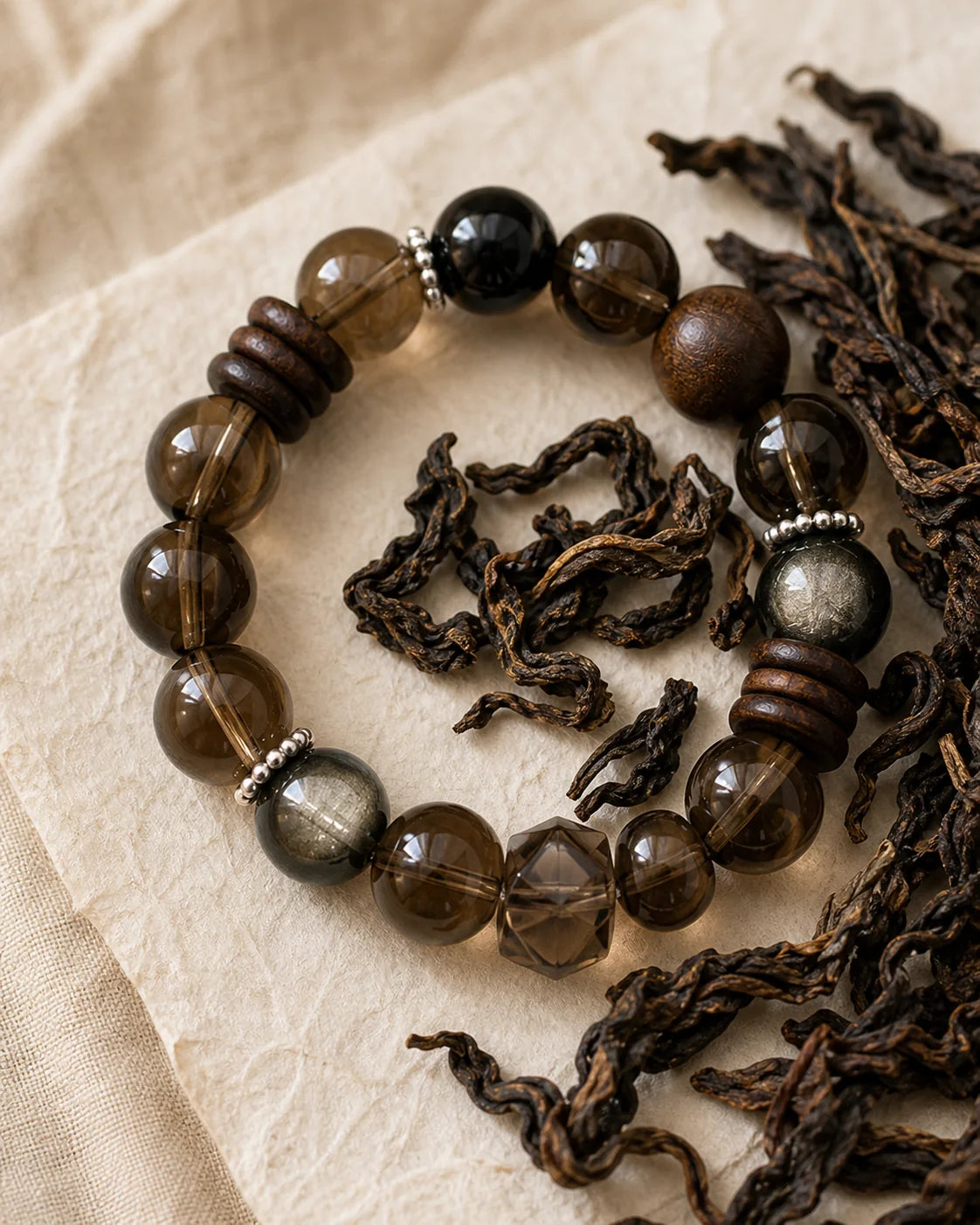 Aged Oolong tea leaves and ritual setting