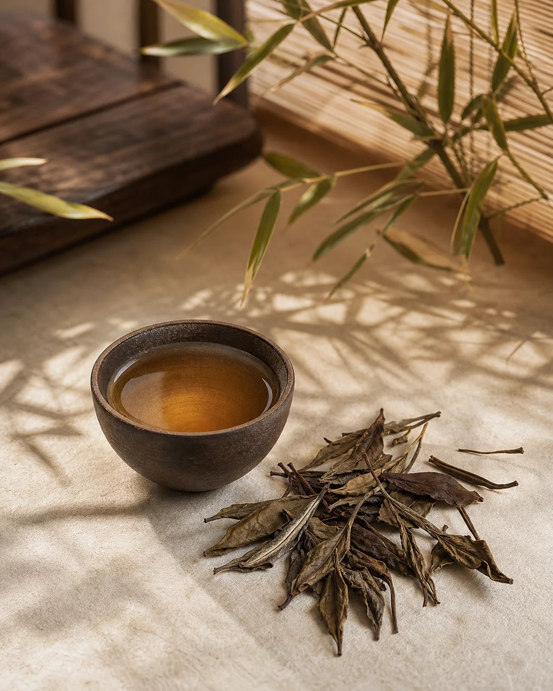 Aged Shou Mei in a Chinese tea atmosphere
