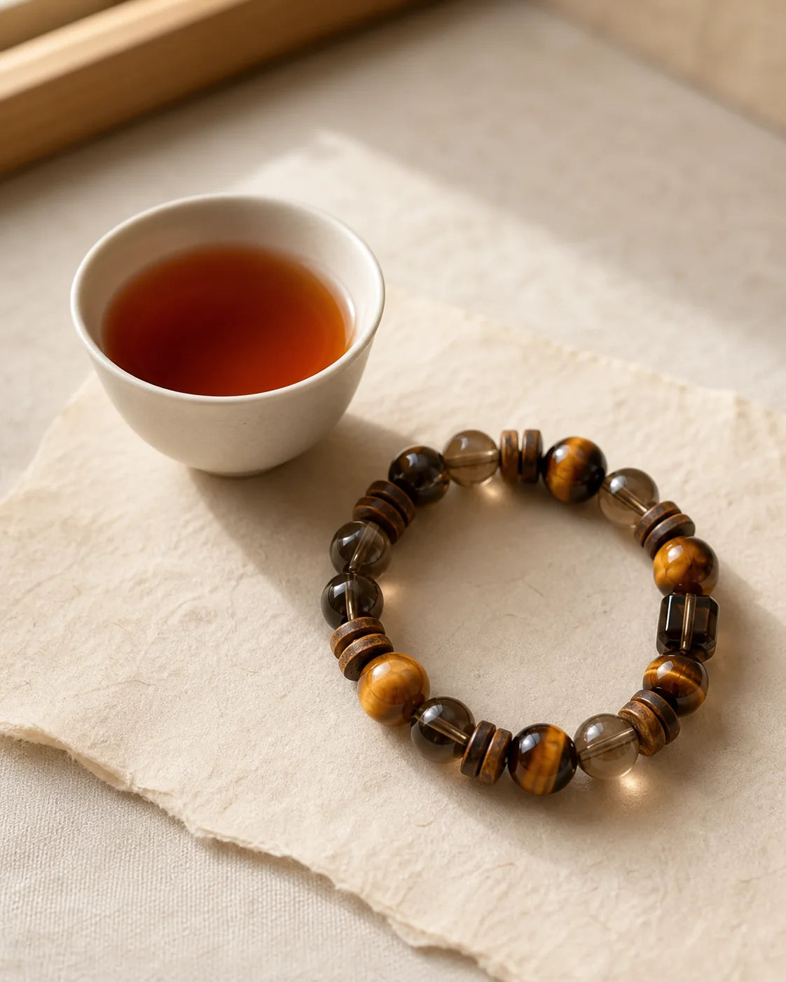 Jin Qi Red bracelet beside a tea cup