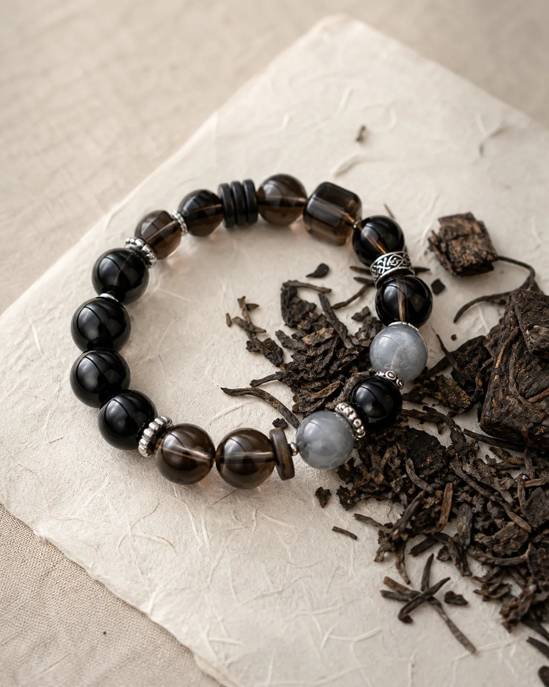 Moonlight Aged Dark Tea tea leaves and ritual setting